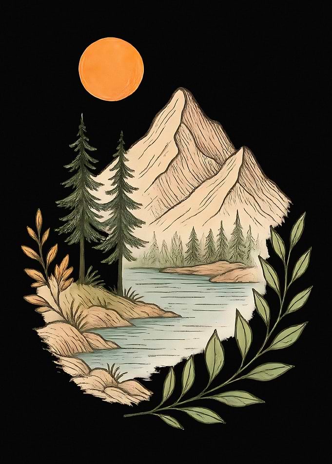 Mountain Lake Landscape Illustration