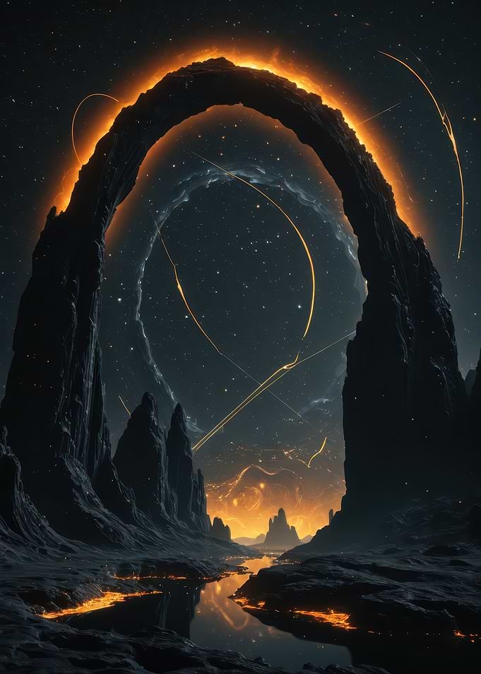 Celestial Gateway Above a Fiery Alien Valley