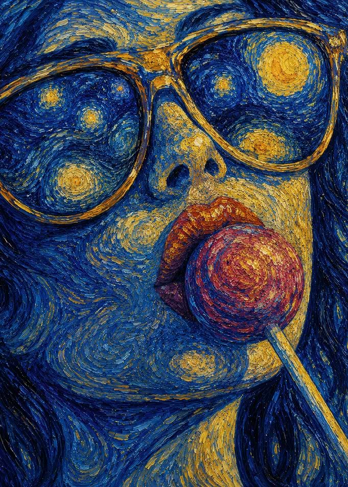 Starry Night Style Portrait with Lollipop