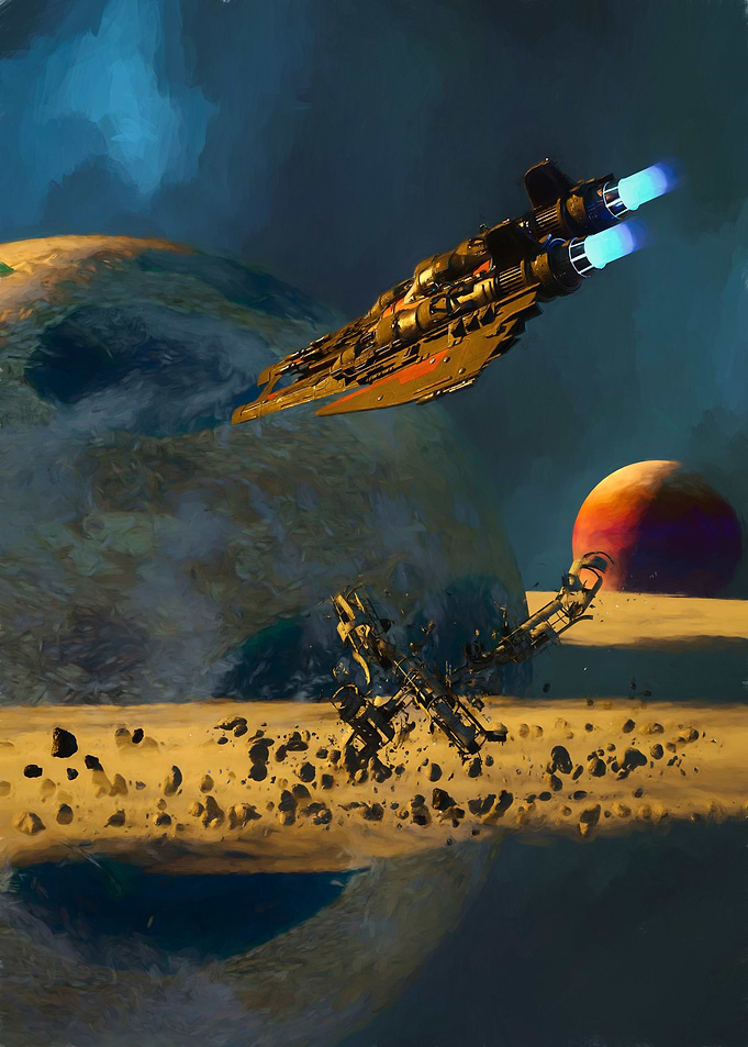 Spaceship Flying Through Asteroid Field