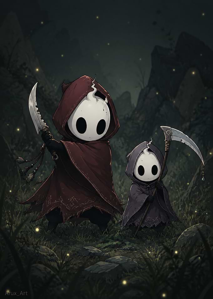Two Hooded Warriors in Dark Forest