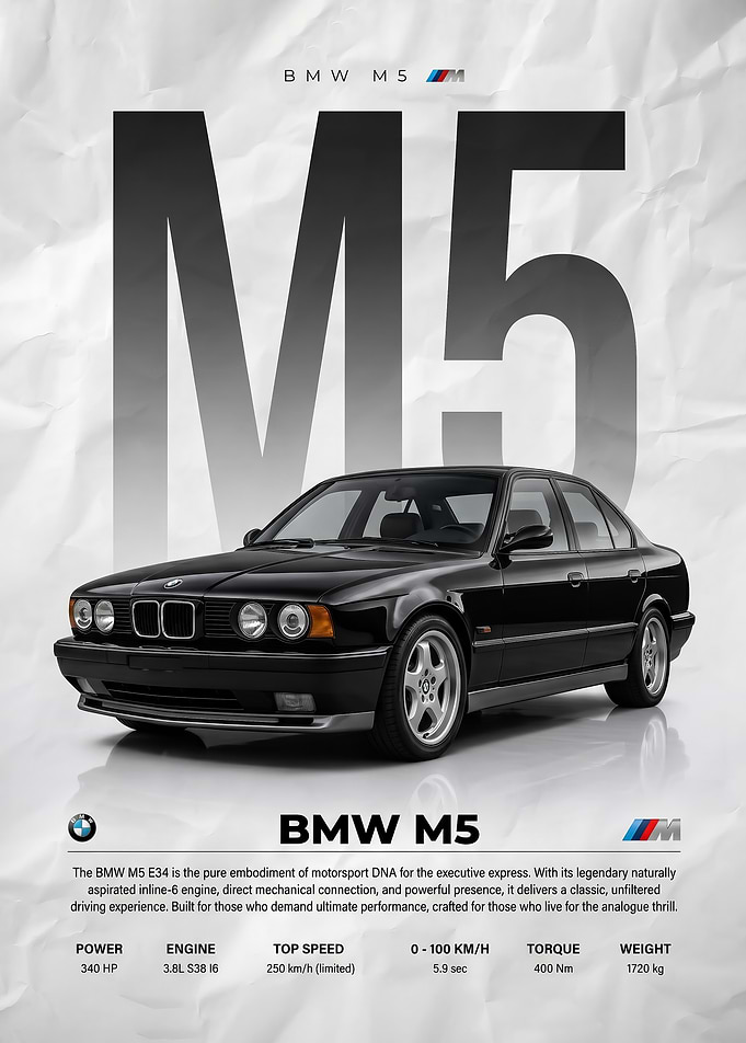 black classic BMW M5 E34 Automotive Poster