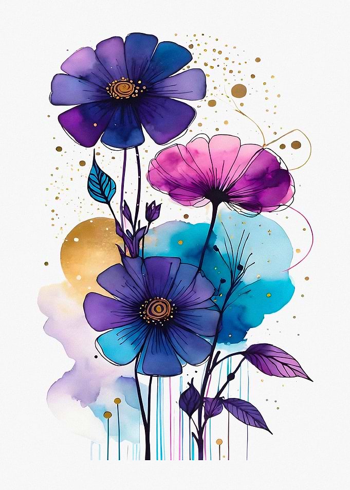 Watercolor Floral Art with Gold Accents