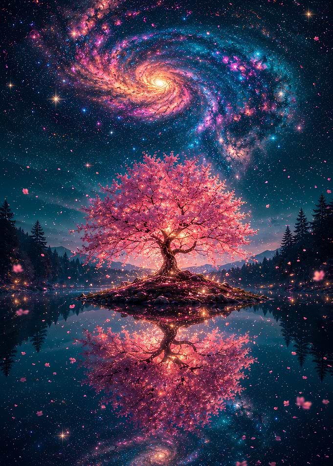 Glowing Cherry Blossom Tree Under Galaxy