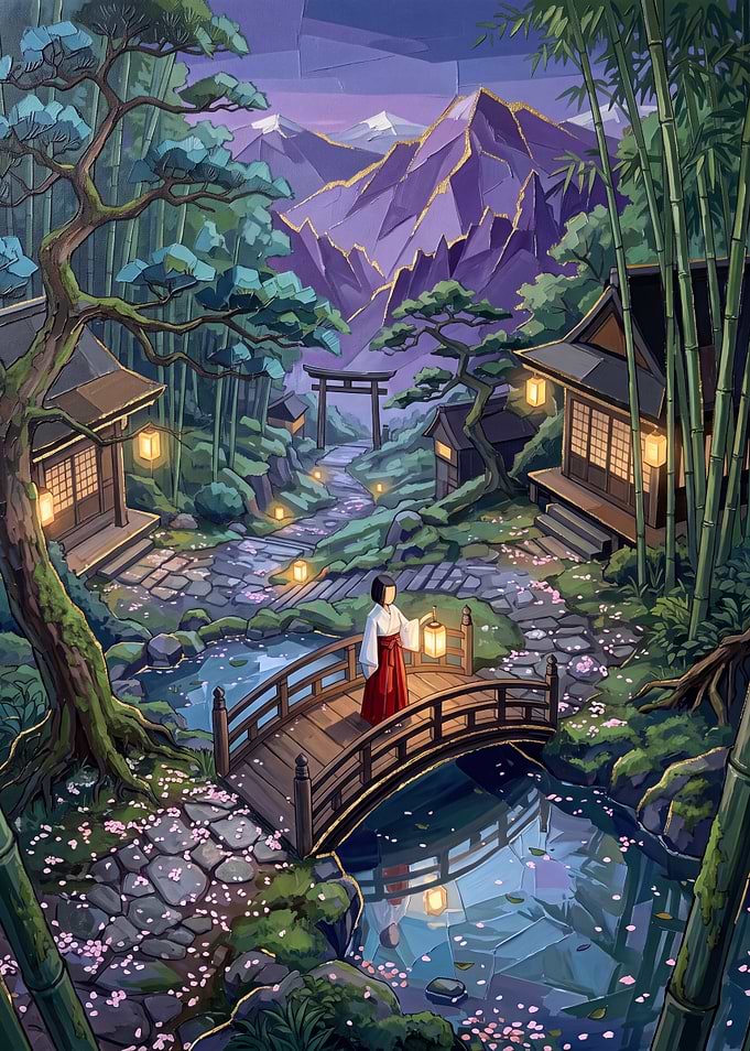 Shrine Maiden on Bridge at Twilight
