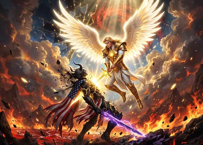 Angel Defeating Demon with American Flag