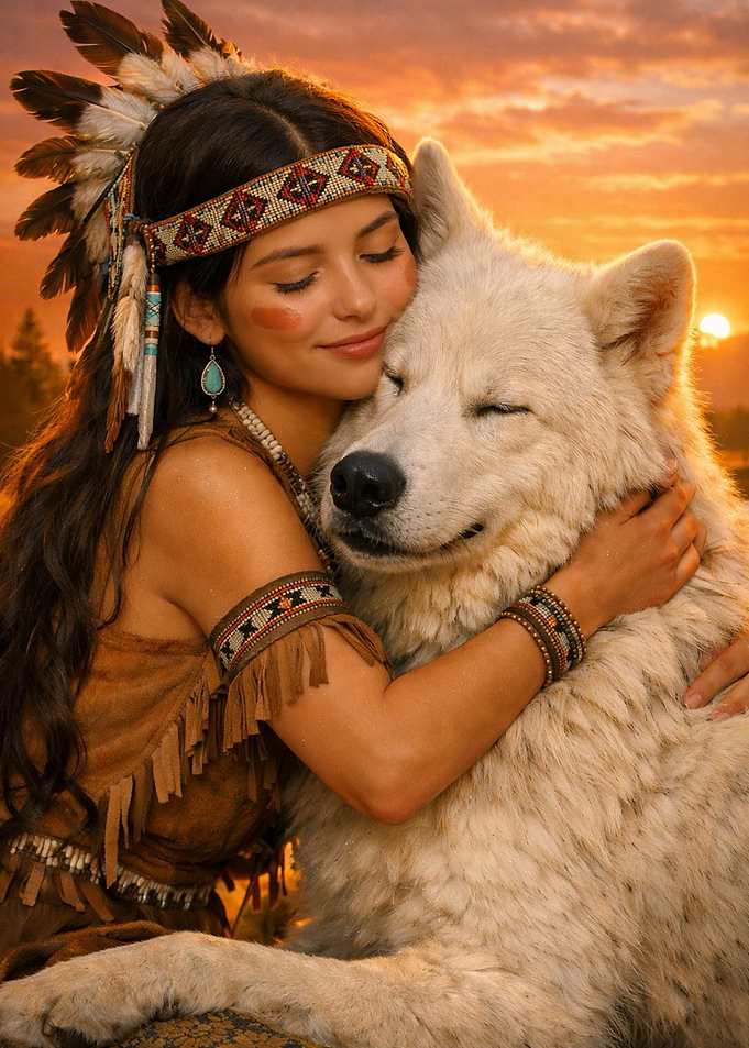 Native American Girl Hugging White Wolf