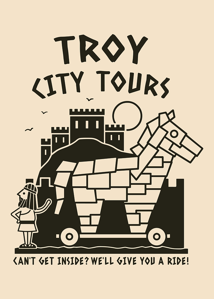 Troy City Tours Funny Trojan Horse Vintage Poster | Minimalist Retro Wall Art