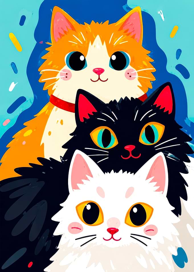 Three Colorful Cartoon Cats Illustration