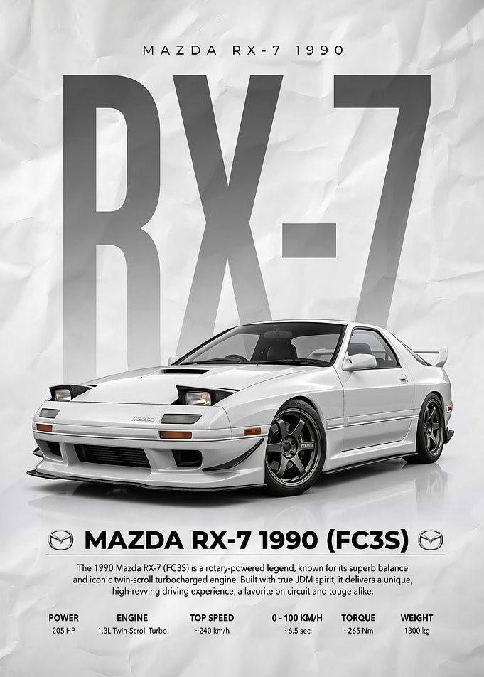white sleek 1990 Mazda RX-7 FC3S Car Poster