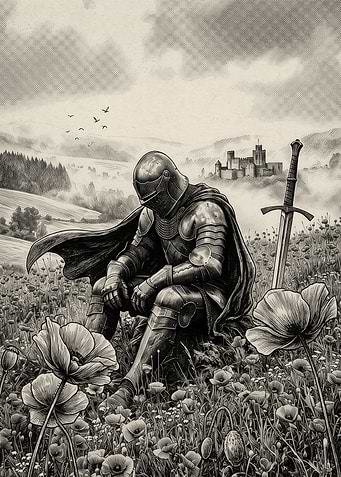Weary Knight Resting in Poppy Field