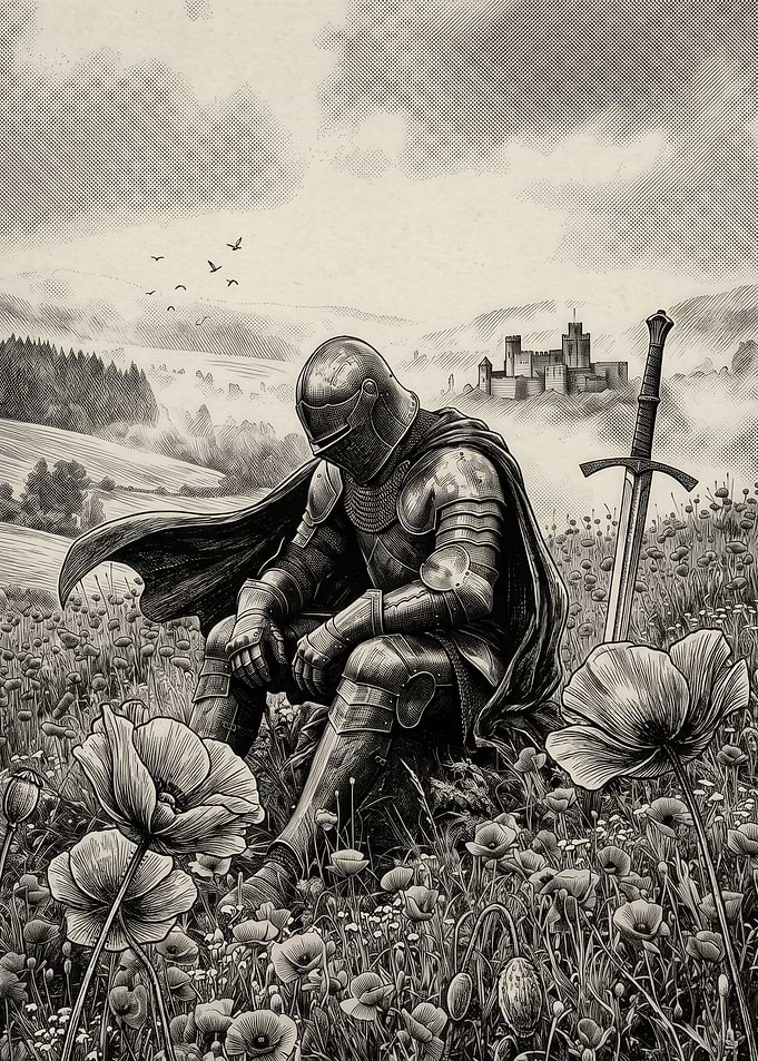 Weary Knight Resting in Poppy Field
