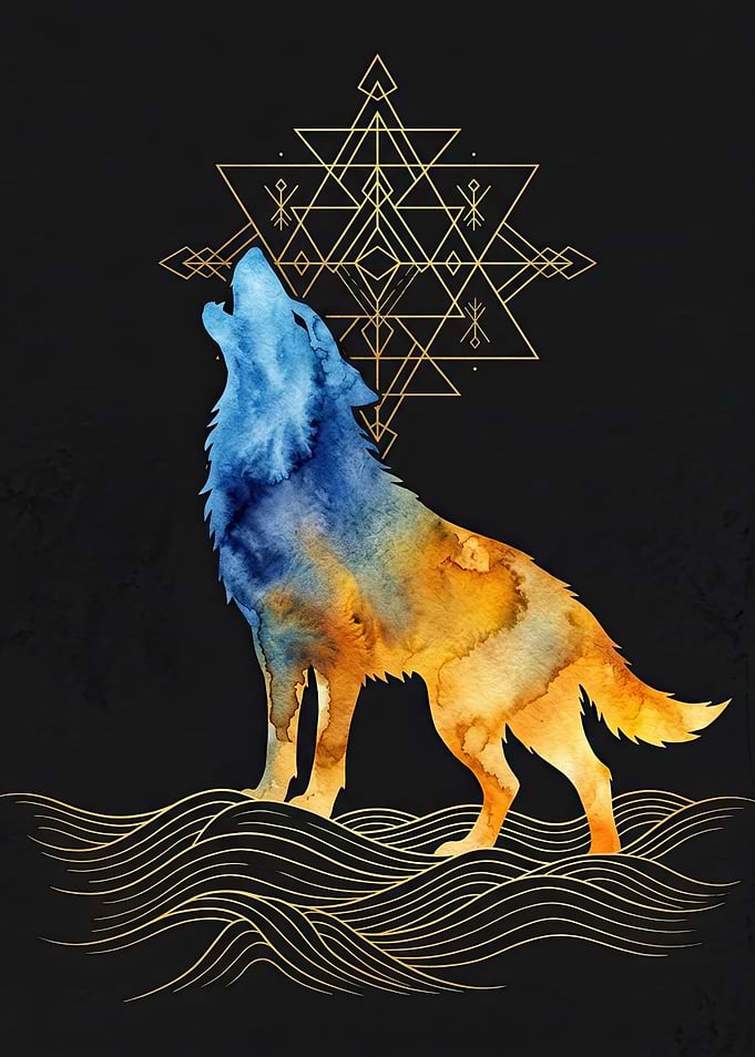 Watercolor Howling Wolf with Geometric Gold