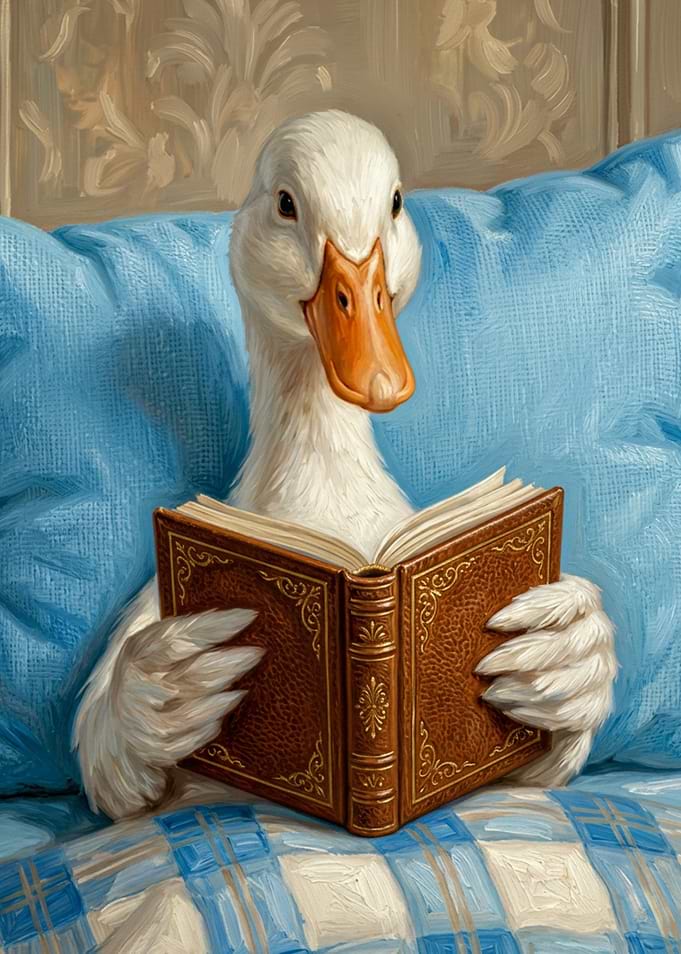 Duck Reading a Book in Bed