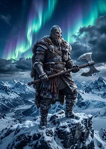 Viking Warrior Under Northern Lights