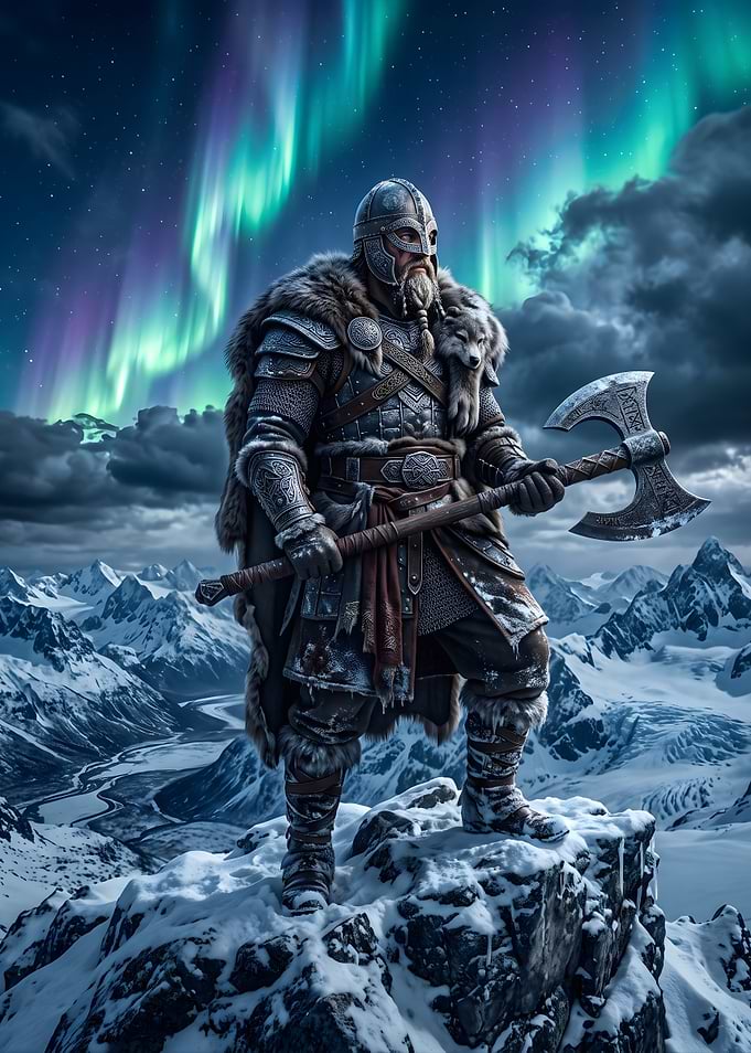 Viking Warrior Under Northern Lights