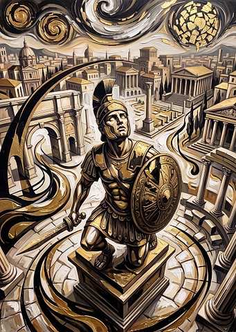 Golden Roman Warrior Statue in Rome