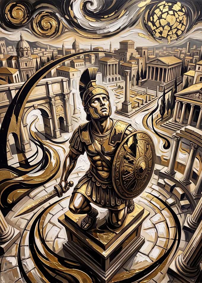 Golden Roman Warrior Statue in Rome