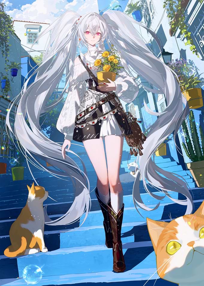 Girl with Cats on Stairs