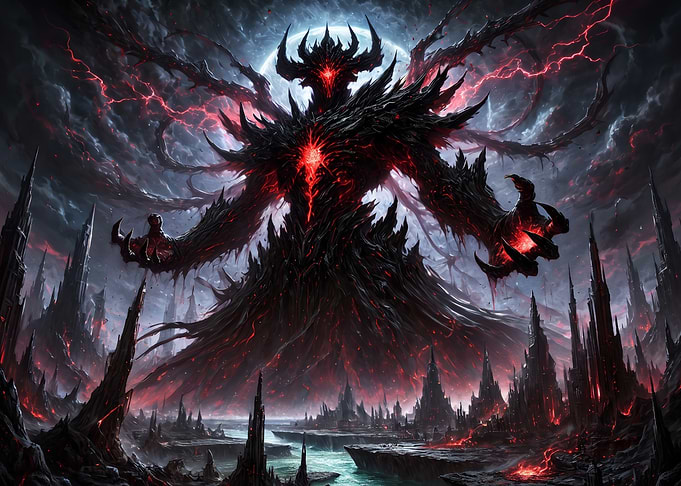 Colossal Dark Demon Over Ruined Landscape