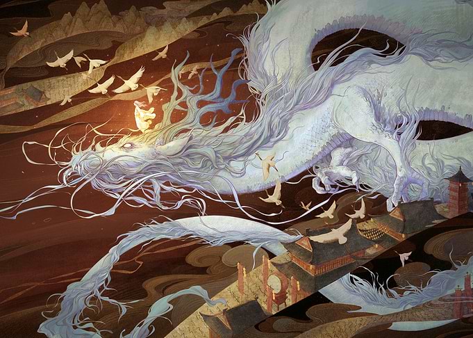 Ethereal White Dragon Over Ancient Architecture