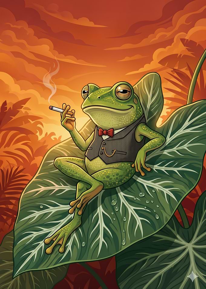 Dapper Frog Smoking on Leaf
