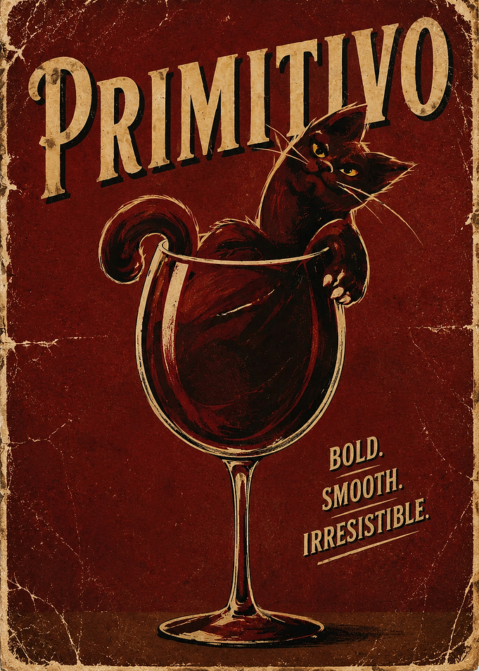 Primitivo Wine Cat Vintage Poster