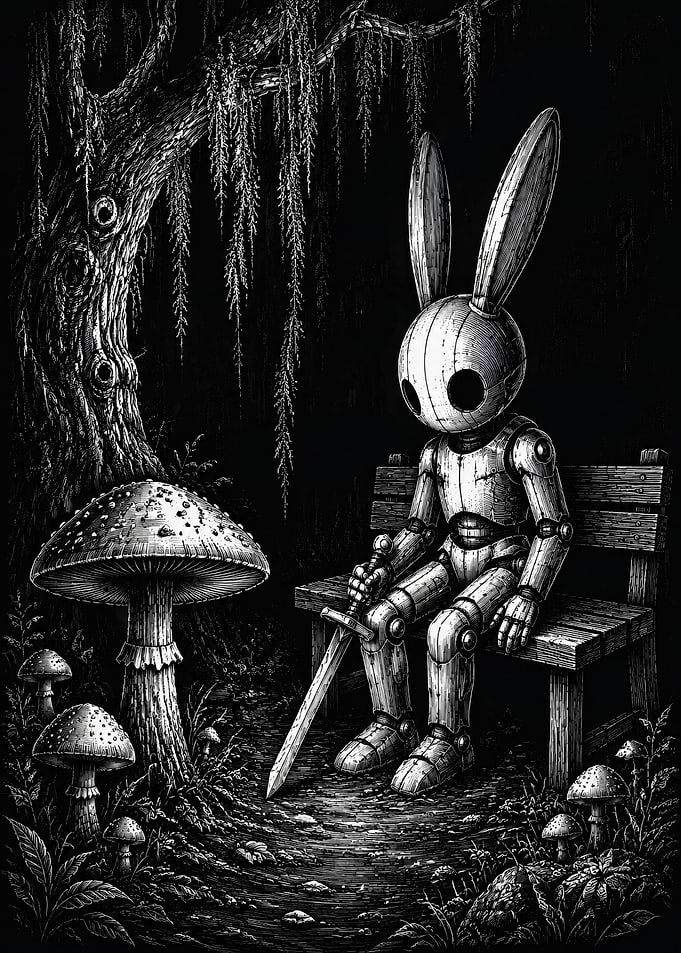 Mechanical Rabbit Knight in Dark Forest