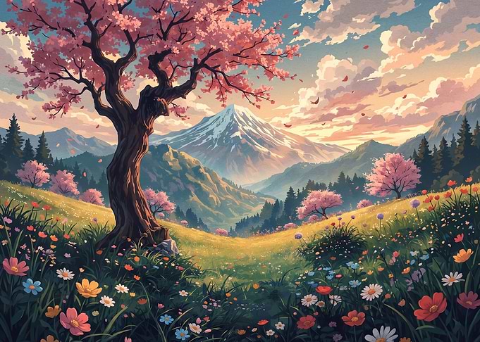 Spring Meadow with Cherry Blossoms