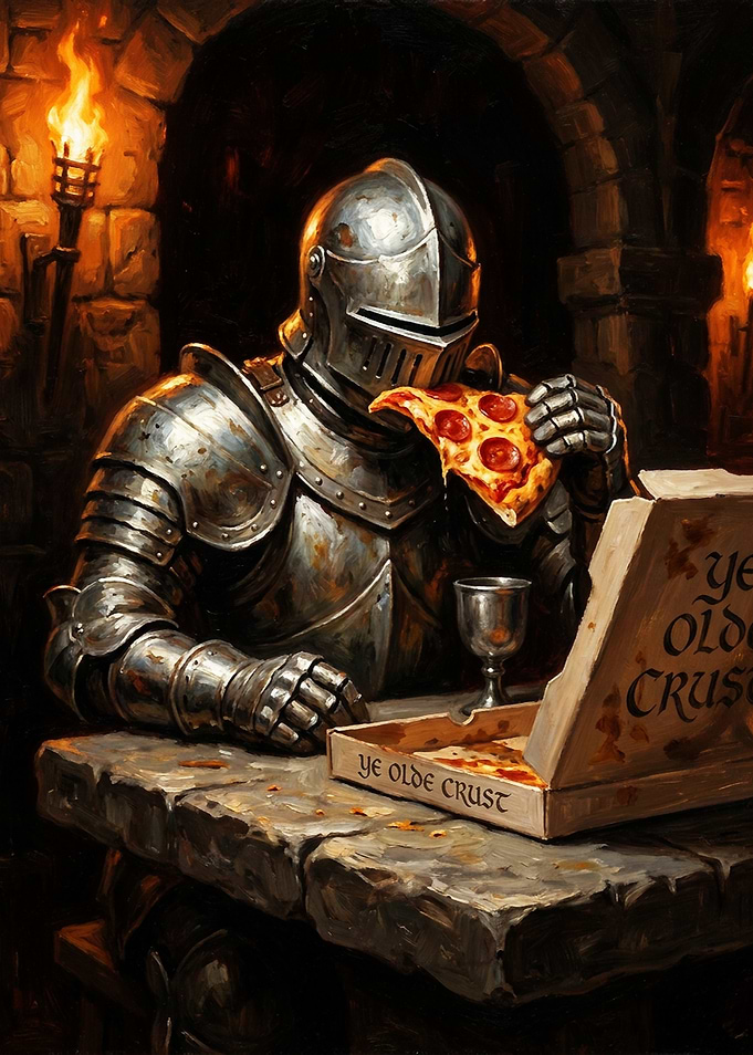 Knight Eating Pepperoni Pizza