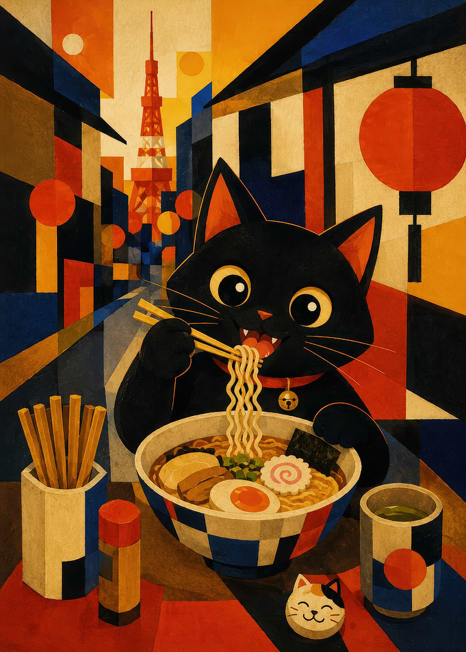 Black Cat Eating Ramen in Tokyo