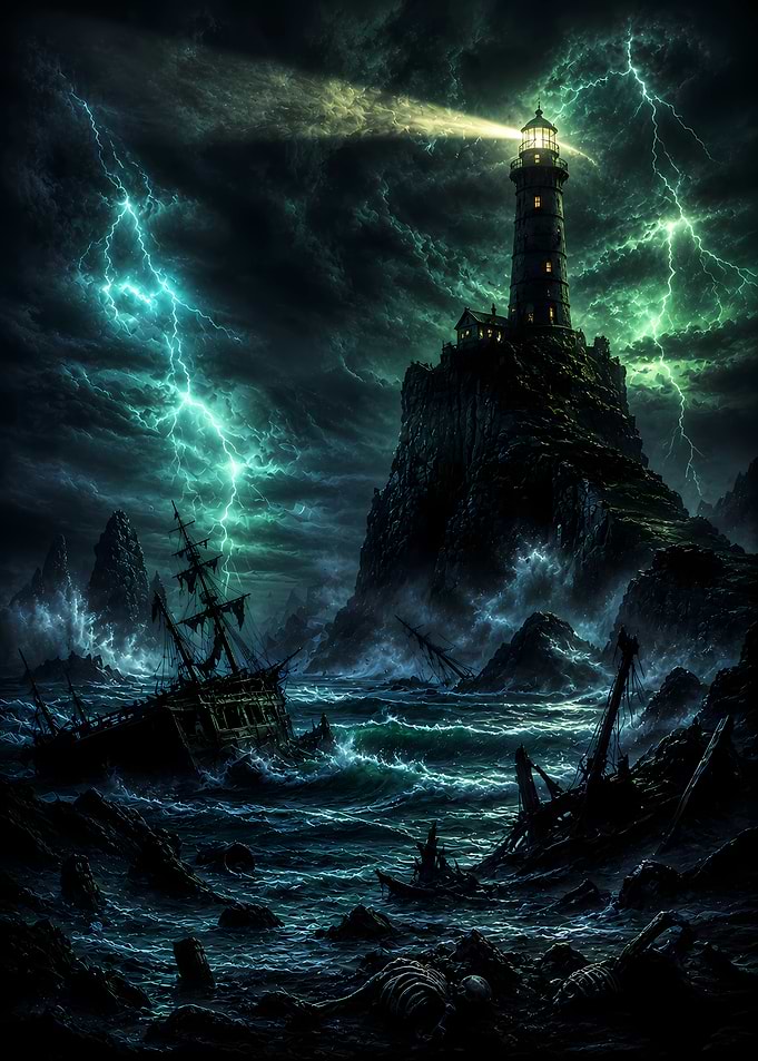 Stormy Lighthouse and Shipwreck