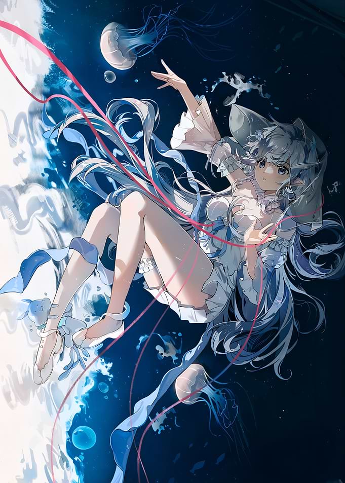 Girl Floating with Jellyfish