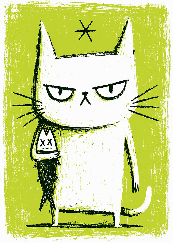 Grumpy White Cat Holding Dead Fish