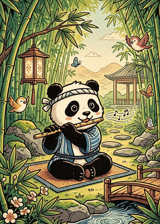 Cute Panda Playing Flute in Bamboo Forest