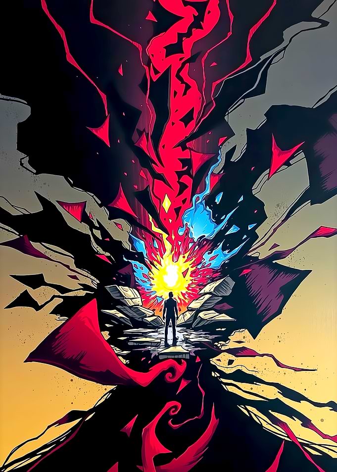 Silhouette Facing Cosmic Energy Explosion