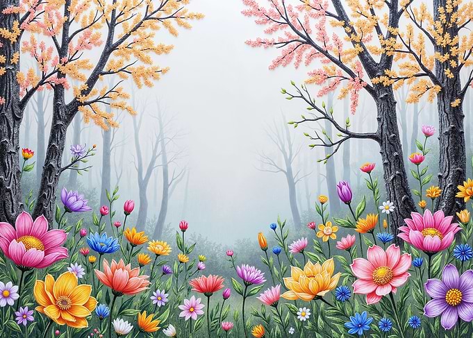 Vibrant Wildflower Meadow in Misty Forest