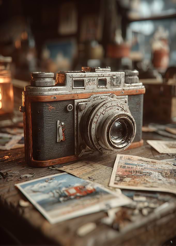 Vintage Film Camera on Wooden Desk