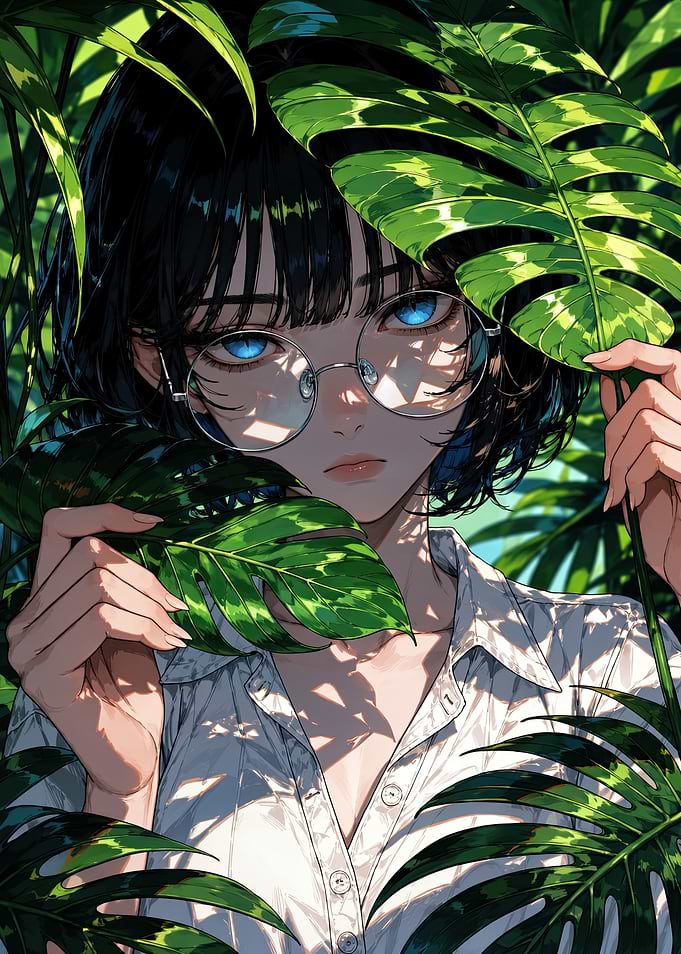 Anime Girl with Blue Eyes in Foliage