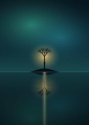 Tree of Light - Glowing Tree Reflected in Cosmic Water