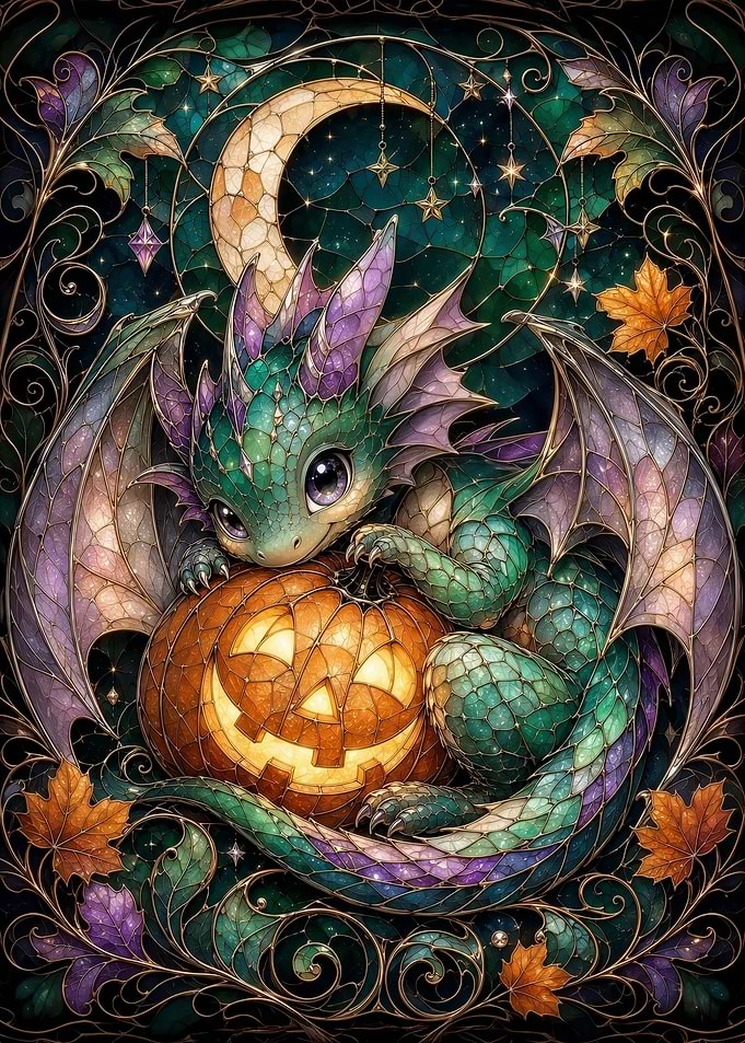 Stained Glass Dragon with Halloween Pumpkin