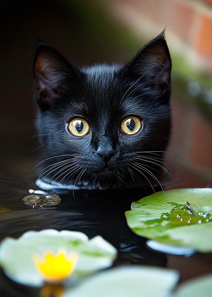 Black Kitten Swimming in Pond