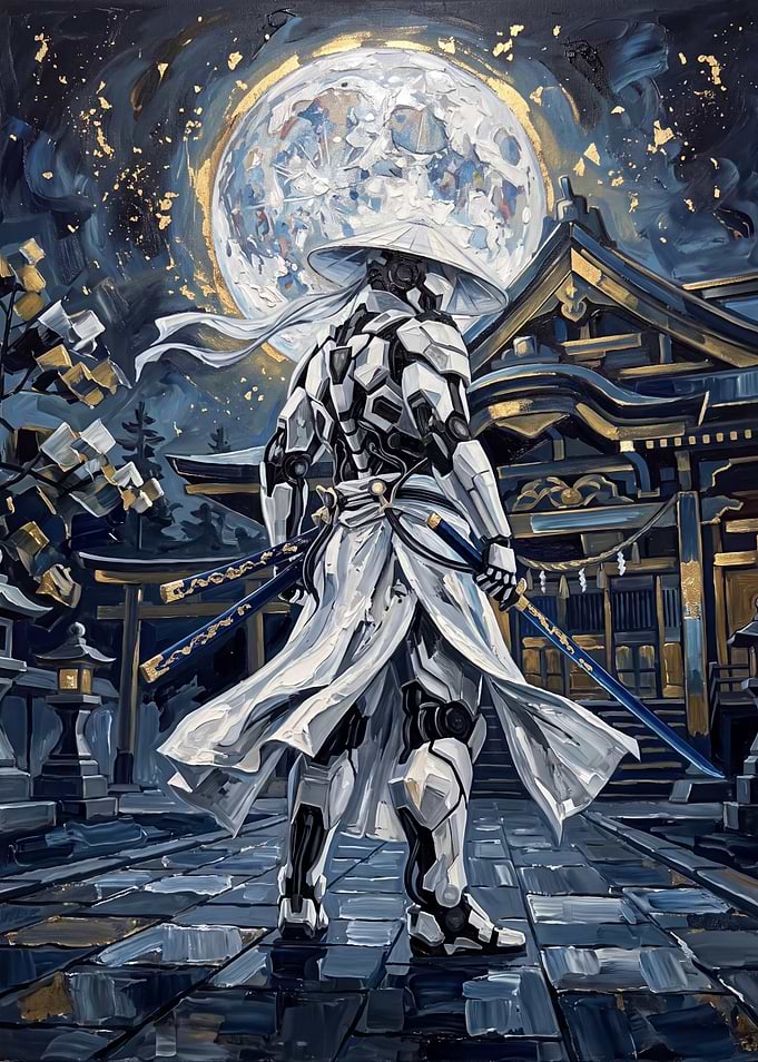 Cybernetic Samurai Under Full Moon