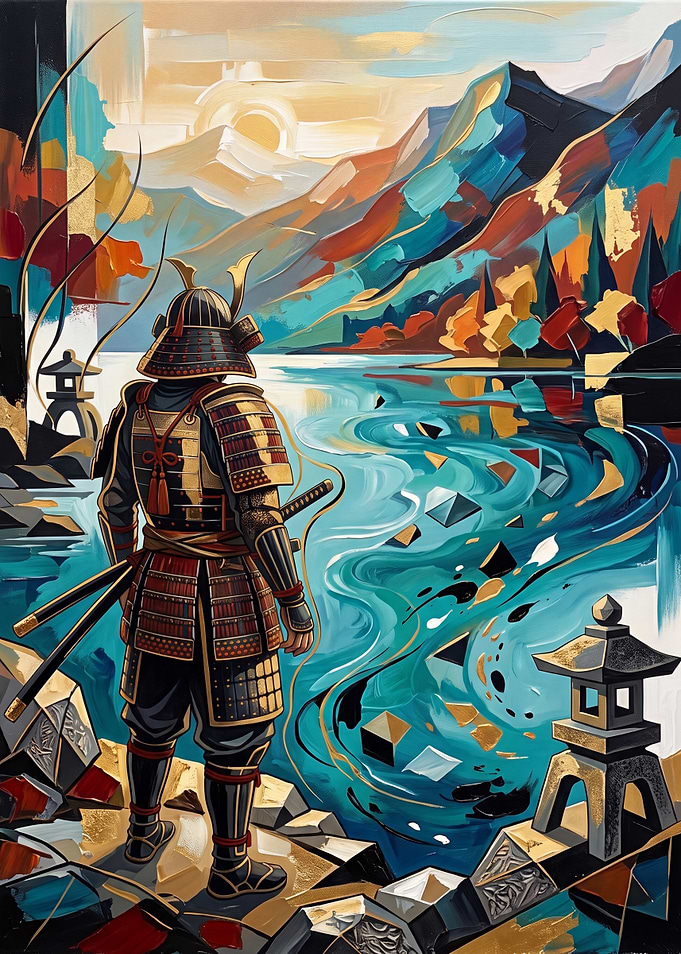 Samurai Standing by a Mountain Lake