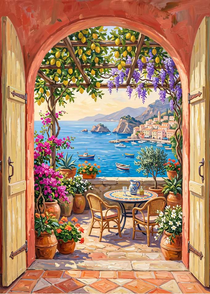 Mediterranean Terrace View with Lemon Trees