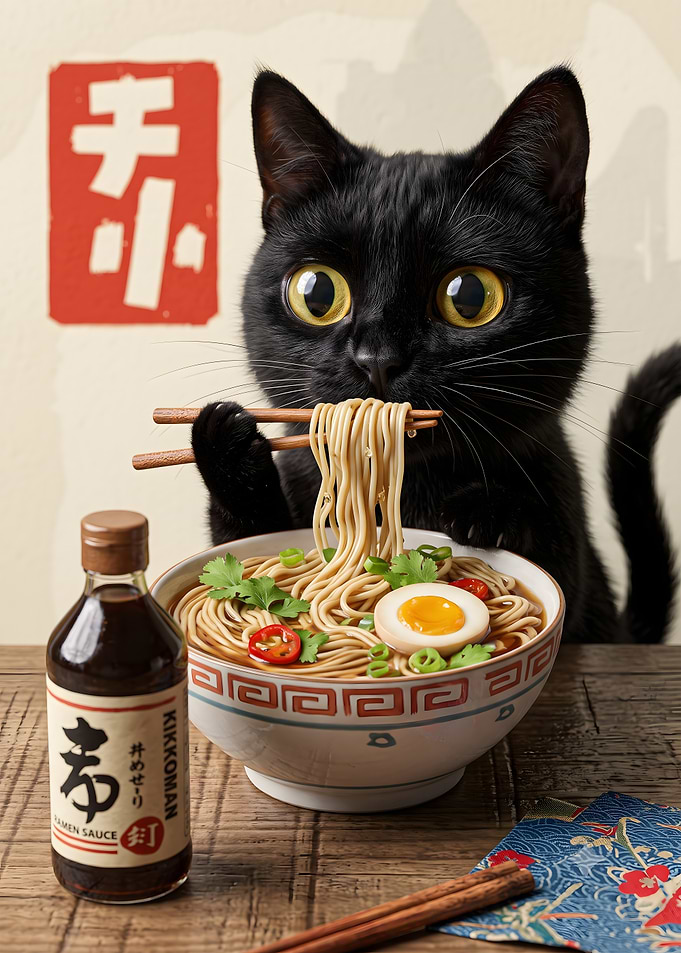 Black Cat Eating Ramen Noodles