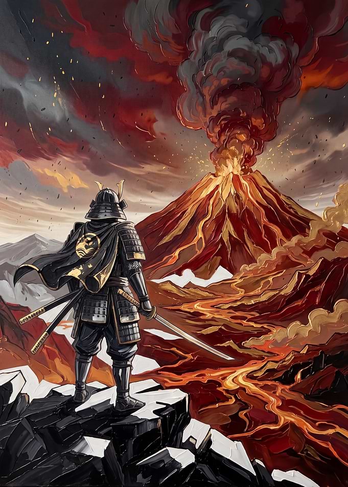 Samurai Standing Before Erupting Volcano