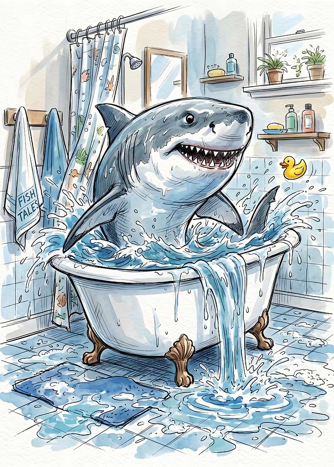 Shark Taking a Bath Illustration