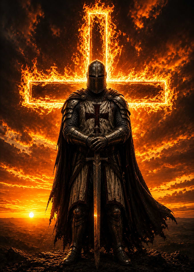 Templar Knight Before Flaming Cross