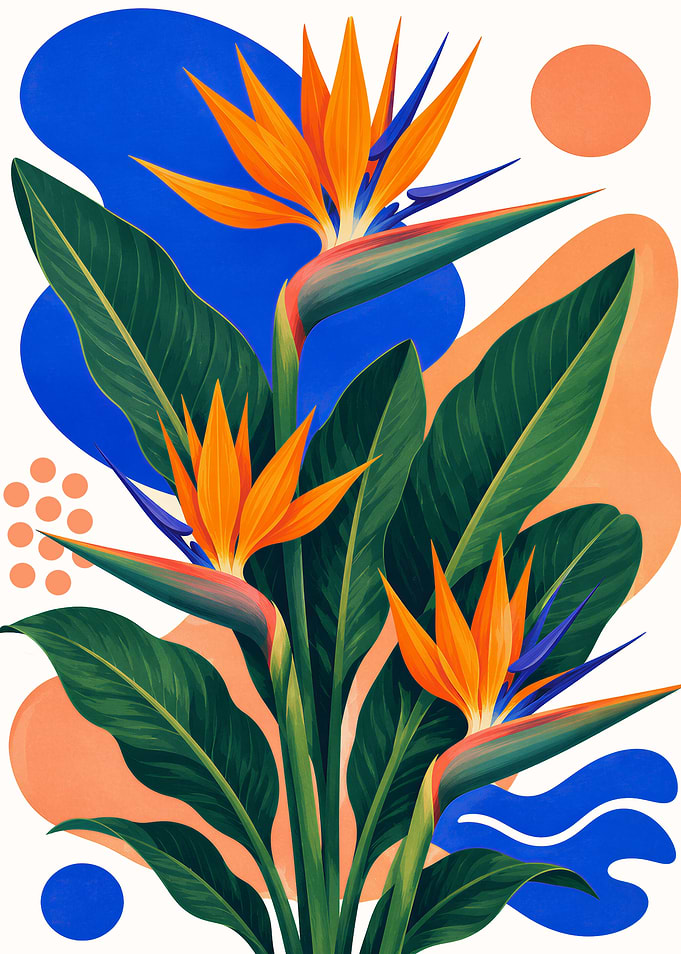 Abstract Bird of Paradise Floral Art in Retro Maximalism Dopamine Artstyle